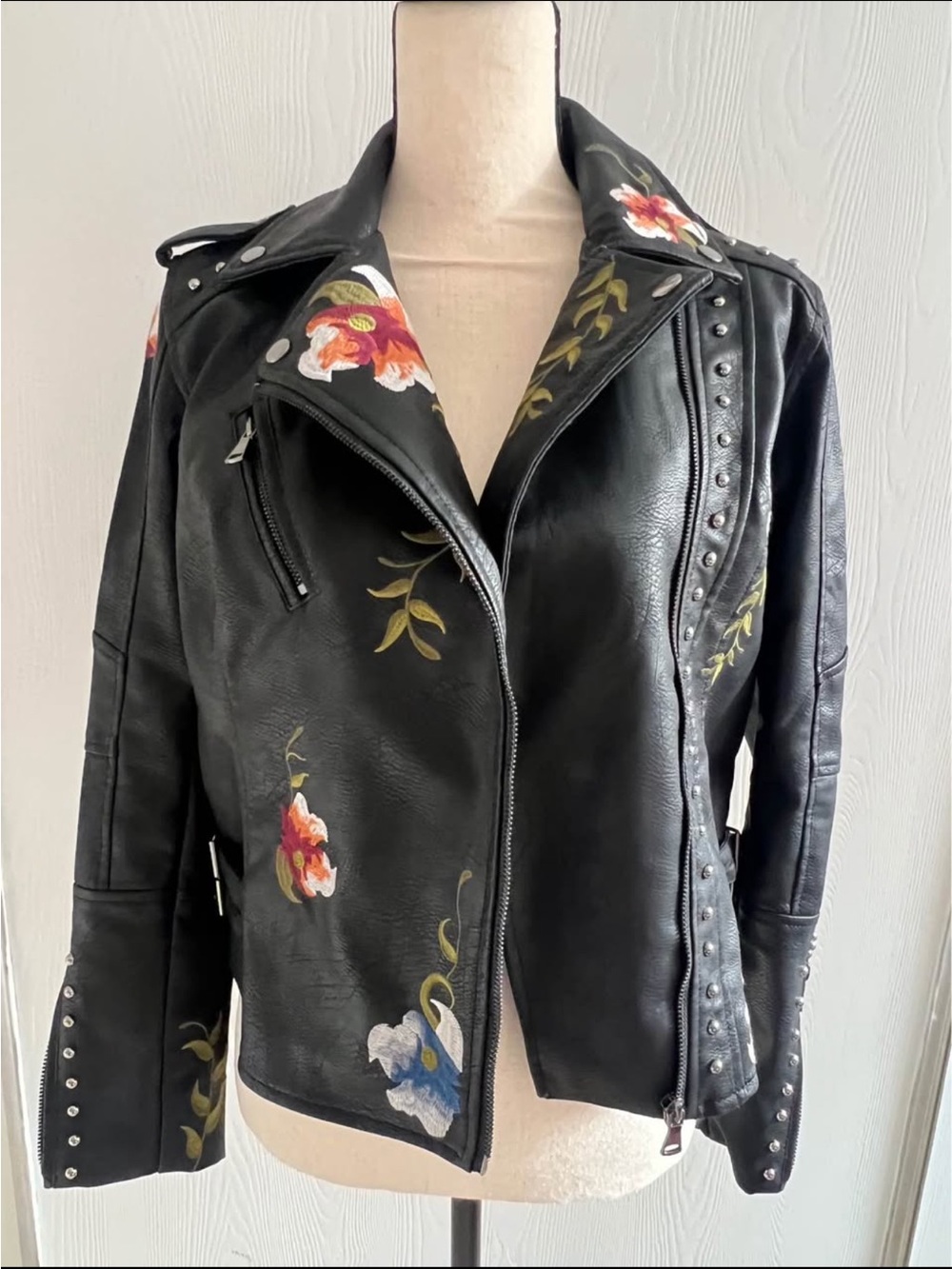 Women's Black Floral Studded Faux Leather Moto Jacket